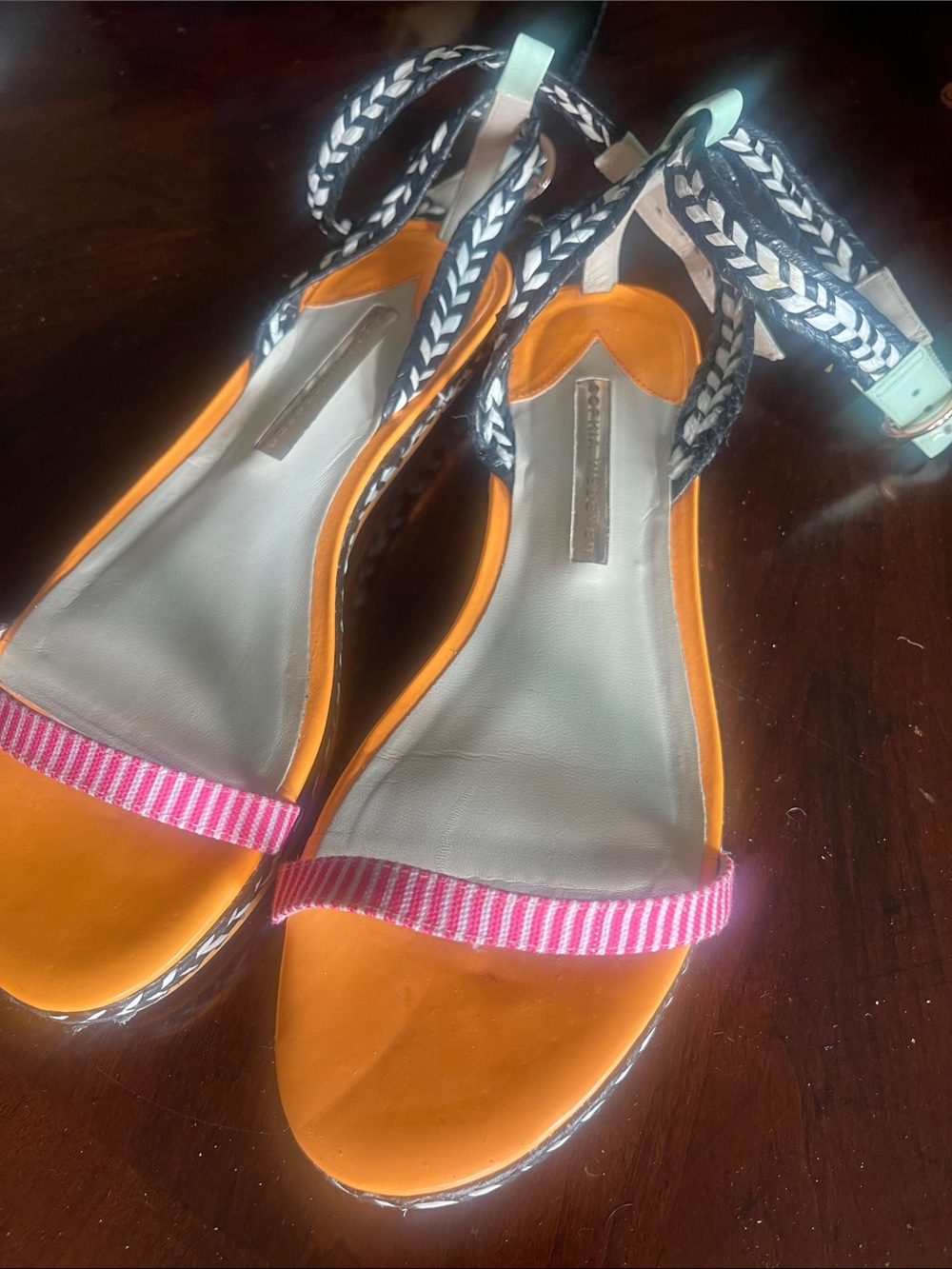 Women’s Orange Sandals with Pink Strap and Braided Ankle Tie